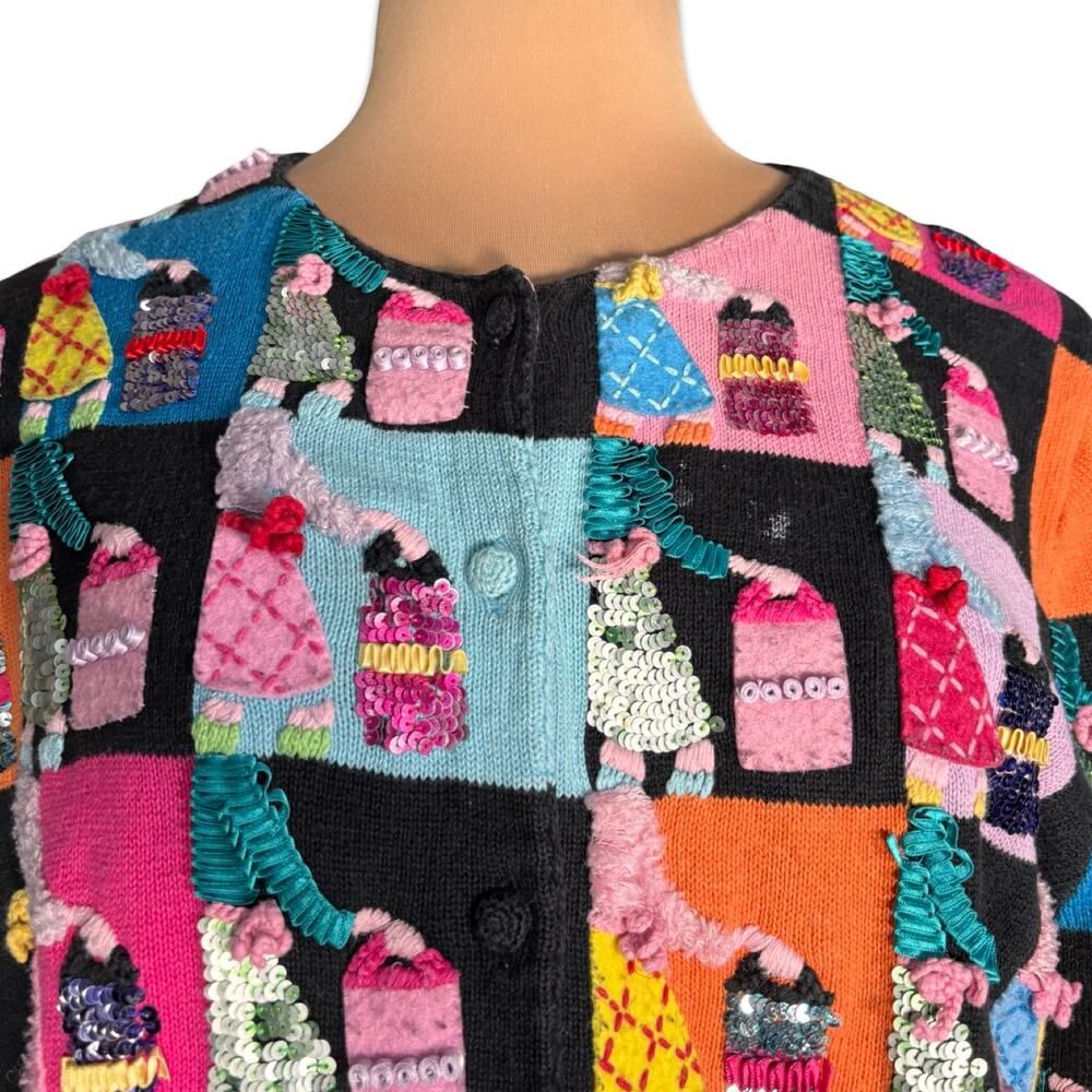 Vintage Michael Simon Patchwork Appliqu Knit Card… - image 2